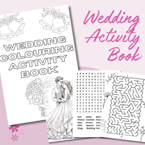 pages of a colouring activity book for a wedding