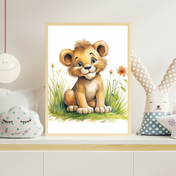 Image of a lion sitting in log grass drawn in cartoon style