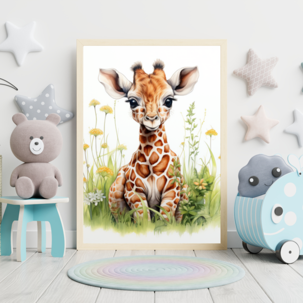 Image of a giraffe sitting in the grass drawn in a child's cartoon style