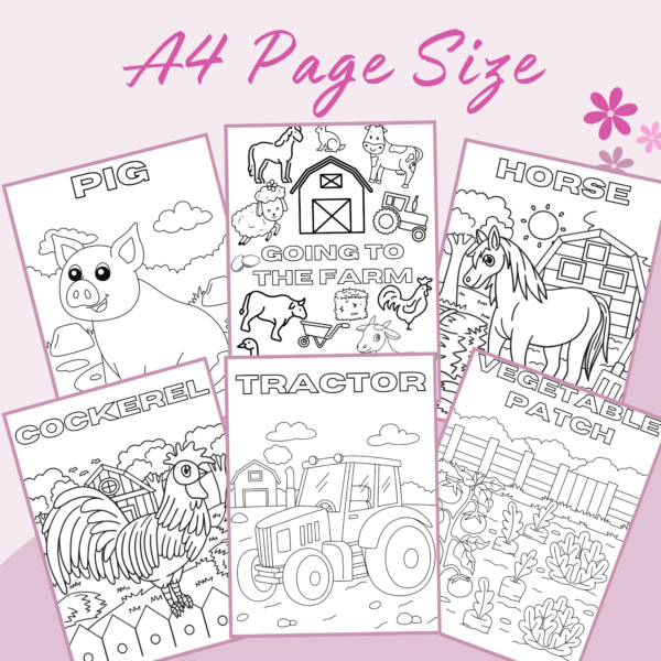 Front page of a children's farm colouring pages download