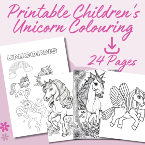 Front page of children's unicorn colouring pages